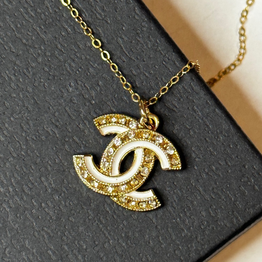 CHANEL upcycled double CC white and gold necklace